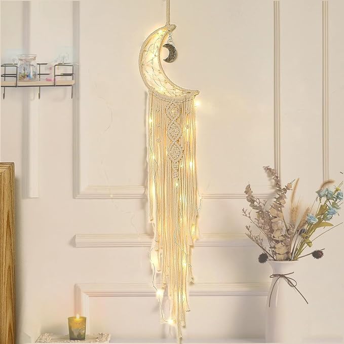 Dream Catcher with LED String Lights Handmade Boho Macrame Wall Hanging Photo Display Woven Decoration Ornament with Photo Clips for Room Wedding Home Decor (Moon)