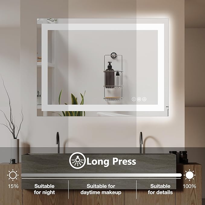 DUMOS 24.1"x36.1" LED Bathroom Mirror, Smart Anti-Fog Bathroom Vanity Mirror with Front Light & Backlit, 3 Color Temperatures, Dimmable, Memory Function
