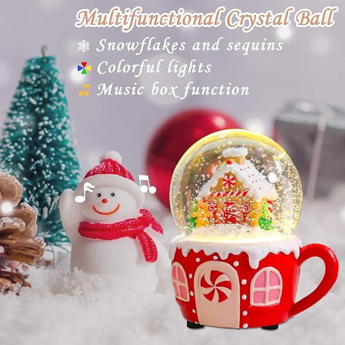 Christmas Snow Globe Musical Gingerbread Men House Christmas Tree Water Snow Globes with 7 Colors Light Change Music Box Home Christmas Decor for Kids