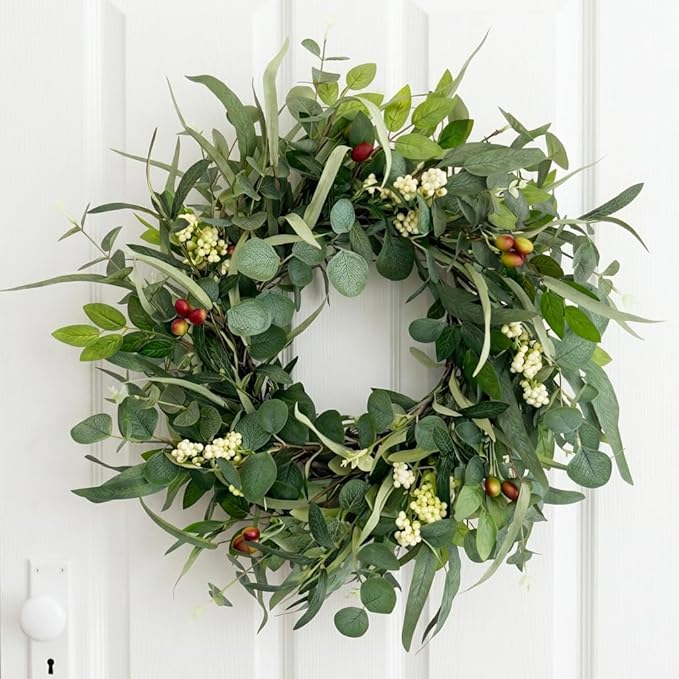 Jobflower 24 Inch Eucalyptus Wreath for Front Door, Artificial Greenery Wreath with Olive Fruit & Berries, Lush All Seasons Farmhouse Wall Decor for Spring Summer Year Round Outside Inside