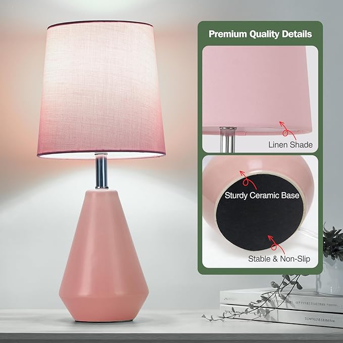 Small Bedside Table Lamp for Bedroom-Reading Desk Lamp Set of 2,with 3 Color Temperatures,15.5" Nightstand Ceramic Lamp with Fabric Shade for Kids Room,Living Room,Dorm,Home Office(Pink)