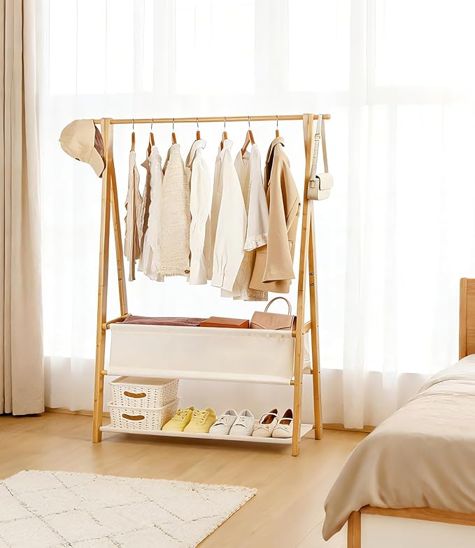Bamboo Clothes Rack with Storage Box and Storage Shelf, Portable Extra Large Garment Rack Clothing Rack, Foldable Wardrobe For Entryway and Bed Room (M - 39.4 Inch)