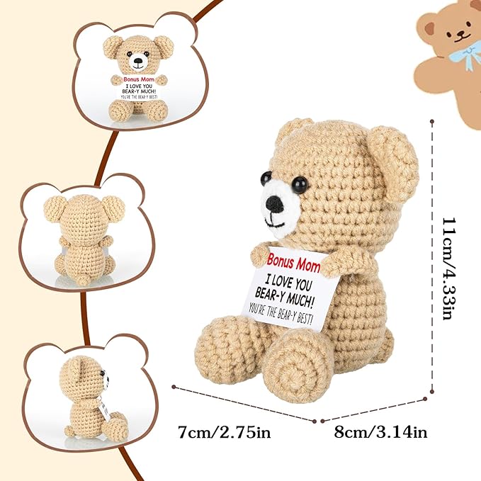 WELLBANEE Mother Gift Bonus Mom, Handmade Crochet Bear for Sentimental Mothers Day Birthday Present for Stepmom, Appreciation Keepsake for The Best Bonus Mom Ever, Small Desk or Shelf Décor Bear