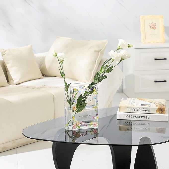 Glass Book Vase, Clear Book Vase for Flowers, Unique Flower Vase, Modern Book Shaped Vases for Bedroom, Living Room, Office, Coffee Table, Bookshelf(Garden)