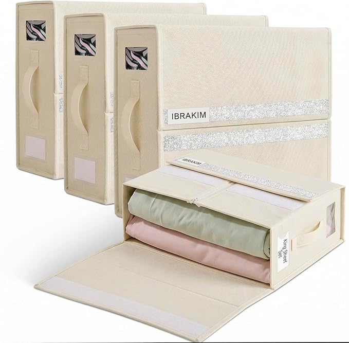 IBRAKIM Bedsheet Organizer Set of 4, Linen Storage Organizer for Closet and Under Bed, Foldable Bedding Organizer for Sheets, Blankets, Comforters, Closet Storage Bins, Beige
