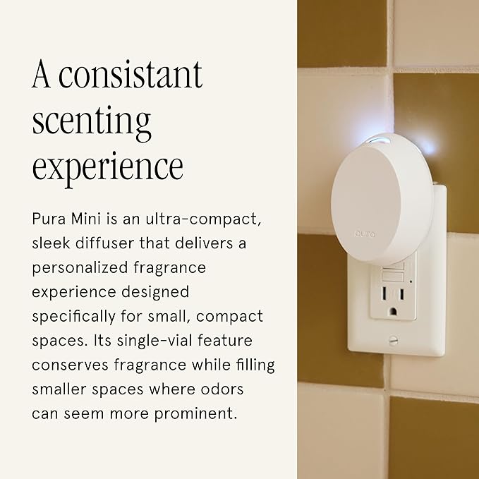 Pura Home Mini Fragrance Diffuser for Small Spaces Adjustable Smart Home Device with LED Light & Automatic Vial Detection - Includes 1 Scent Refill - Linens & Surf
