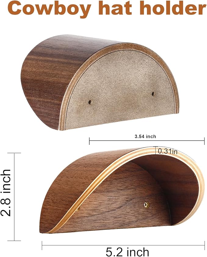 Cowboy Hat Rack for Wall,2 Pack Wooden Hat Holder,with Satin Finish Hat Hooks,Non-Damage Brim Design Can Keeps Original Shape of Hat, for Western Hat Organizer (Walnut Wood)