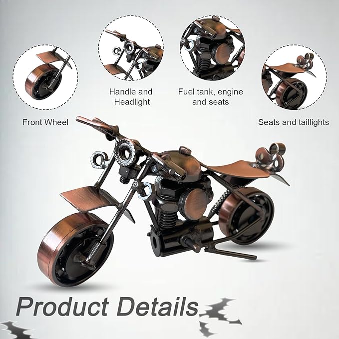 Metal Motorcycle Decor, Copper Cruiser Motorcycle Figurine,5.9”x3.5”Unique Iron Motorcycle Sculpture,Cool Home Office Desk Decor,Art Gift Vintage,Birthday Gift for Men Boyfriend Husband