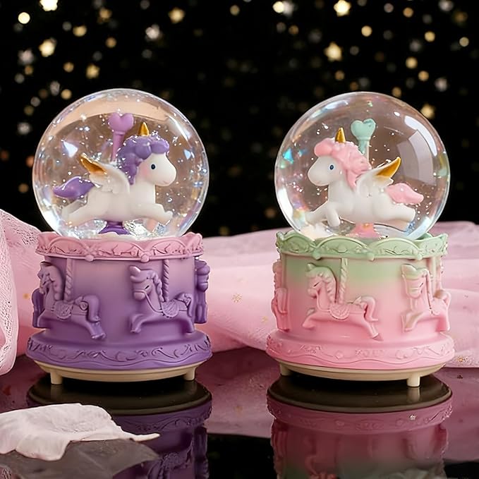 Snow Globes,Pink Unicorn Music Snowglobes with LED Lights and Automatic Snowfall,Music Box Gifts for Girl,Home Decor Glass Ball for Kids Room Birthday for 5-18 Year Old Girl (4.7x3.2IN