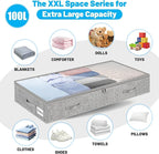 4 Pack 100L Under Bed Storage Containers, Low Profile Closet Organizers and Storage Bins for Dorm, Foldable Underbed Bag for Clothes, Blanket, Sheets, Wrapping Paper, Clear Window & Dual Zippers, Grey