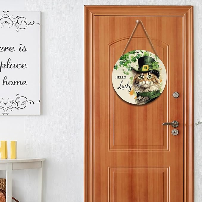 St. Patrick's Day Door Decoration for Home Cat Lucky Shamrock Wreath for Front Door Lucky Clover Cat Hanging Wall Sign Green Wreath Wooden Plaid Plaque for Porch Home Office Farmhouse 12"x12"