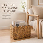 Water Hyacinth Magazine Holder for Floor, Tall Narrow Wicker Magazine Basket with Scalloped Edge – Handwoven Magazine Rack, Book Basket & File Holder for Living Room, Office & Bedroom