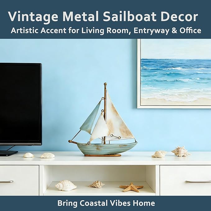 Retro Metal Sailboat Decor, Iron Nautical Sculpture for Home, Vintage Boat Figurine for Living Room Table, Office Desk, Bookshelf, Coastal Style Decoration (Blue & White)