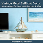 Retro Metal Sailboat Decor, Iron Nautical Sculpture for Home, Vintage Boat Figurine for Living Room Table, Office Desk, Bookshelf, Coastal Style Decoration (Blue & White)