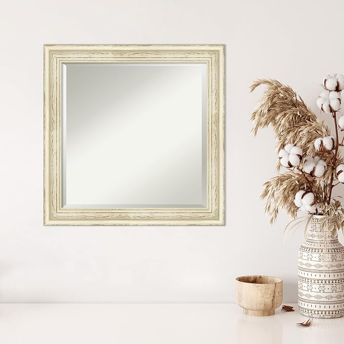 Amanti Art White Wall Mirror 24x24 Country White Wash Square Bathroom Mirror for Wall Decor Living Room, Medium Country Rustic Wood Frame, Hangs Horizonally and Vertically, Bathroom Decor, Beveled