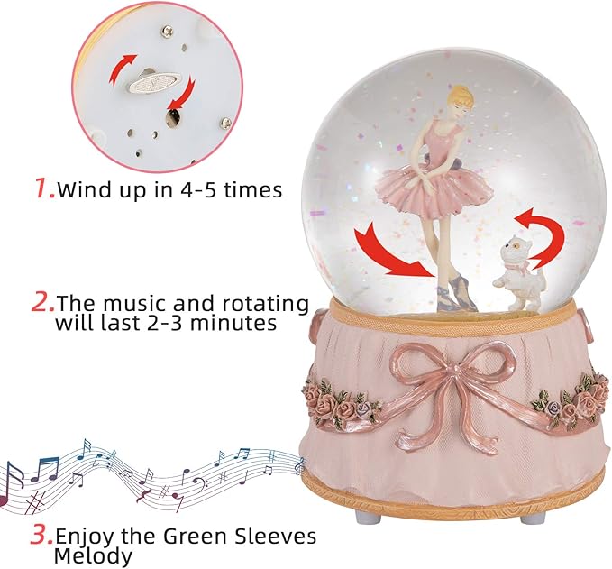 Ballerina Snow Globe for Girl's Birthday, Rotating and Mechanical Real Glass Snowglobe Gift for Adult Women, Wife, Daughter and Granddaughter, with Music Greensleeves, Gift Box Packed