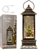 12" Christmas Snow Globe Lantern with Christmas Tree and Gift - Water Swirling Glitter LED Light Lantern with Music - Vintage Xmas Gifts - USB Plug or Battery Operated Home Decor (Christmas tree Gift)
