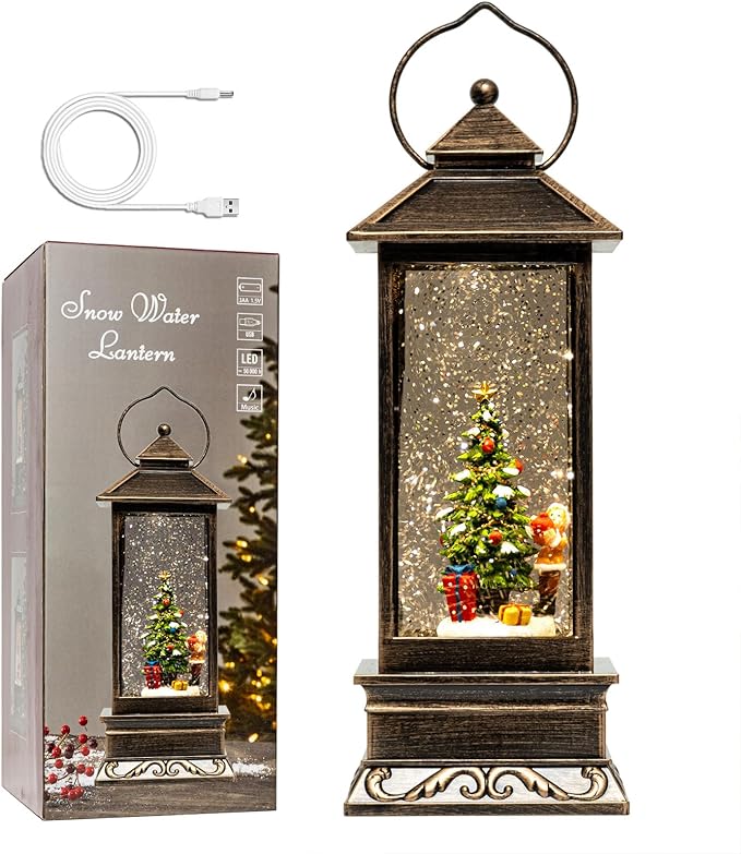 12" Christmas Snow Globe Lantern with Christmas Tree and Gift - Water Swirling Glitter LED Light Lantern with Music - Vintage Xmas Gifts - USB Plug or Battery Operated Home Decor (Christmas tree Gift)