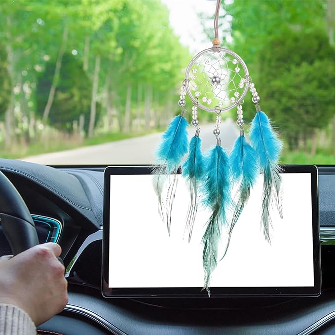 uxcell 2pcs Dream Catchers, Small Handmade Feather Dreamcatcher Supplies Car Charm with Crystal Beads Wall Hanging Decor for Home Car Decoration Ornament Women Friend Gift, Peacock Blue
