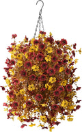 Homsunny Artificial Faux Fall Hanging Flowers Plants Basket for Outdoor Decoration,Fake Silk Orange Mums planters UV Resistant Look Real for Home Porch Patio Yard Outside Autumn Decor (Brown)