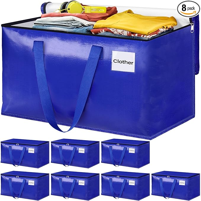 Moving Bags, Storage Bags with Sturdy Handles and Heavy Duty Zippers, Storage Totes for Space Saving, Moving & Storage, Collapsible Moving Supplies(88L, 8-Pack, Blue)