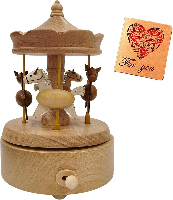 Briskfeel Wooden Carousel Music Box with Moving & Elevating Horses, Rotating Wind-Up Decor, Collectible Mechanical Musical Box, Timeless Gift