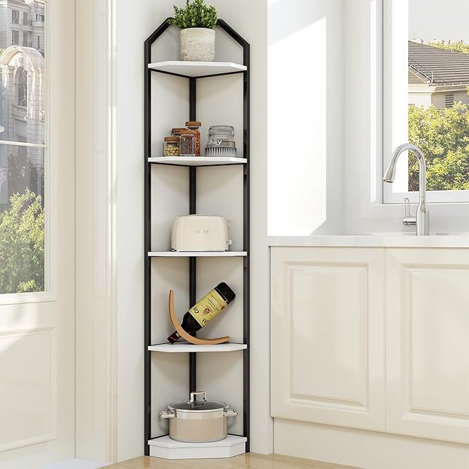 5 Tier Corner Wall Shelf Stand, 70" Metal Corner Shelves Bookshelf Display Shelf for Living Room Decor, Tall Plant Stand Multi Unit Organizer, Standing Shelf for Bedroom,Bathroom,Small Space (White)