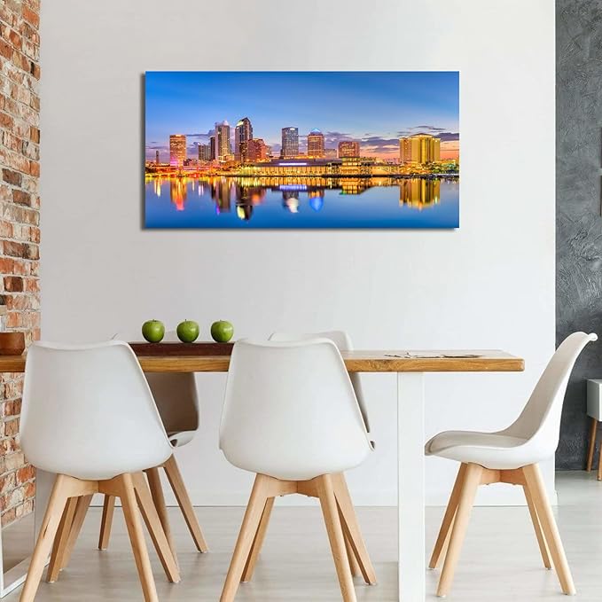 AIYISU Florida Wall Art Tampa Downtown Skyline Canvas Picture USA City Landscape Wall Decor, Modern Cityscape Painting Night River Prints Poster Artwork for Living Room Bedroom Home Decoration 24x48