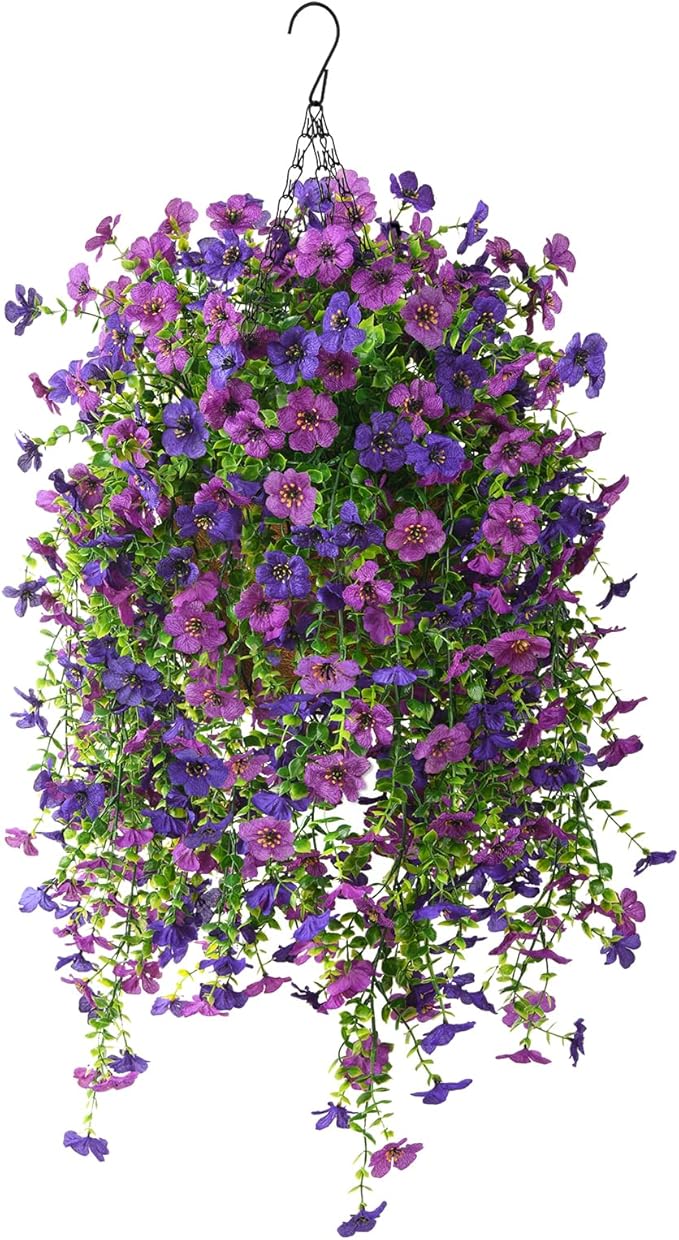 Homsunny Artificial Hanging Flowers for Outdoor, 2PCS Fake Flowers Faux Silk Daisy with Eucalyptus Leaves, UV Resistant Aritificial Flowers for Spring Home Patio Yard Porch Decor (Double Purple)