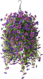 Homsunny Artificial Hanging Flowers for Outdoor, 2PCS Fake Flowers Faux Silk Daisy with Eucalyptus Leaves, UV Resistant Aritificial Flowers for Spring Home Patio Yard Porch Decor (Double Purple)