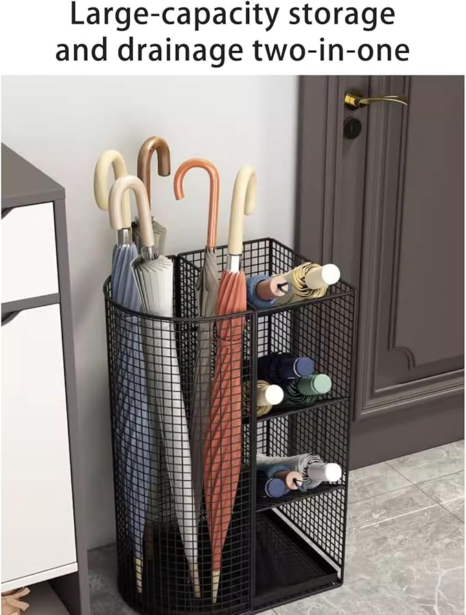 Commercial Metal Umbrella Holder Indoor Large-Capacity Umbrella Storage Shelf Umbrella Basket with Removable Drip Tray for Entryway Metal Entrance Umbrellas Organizer(Black)