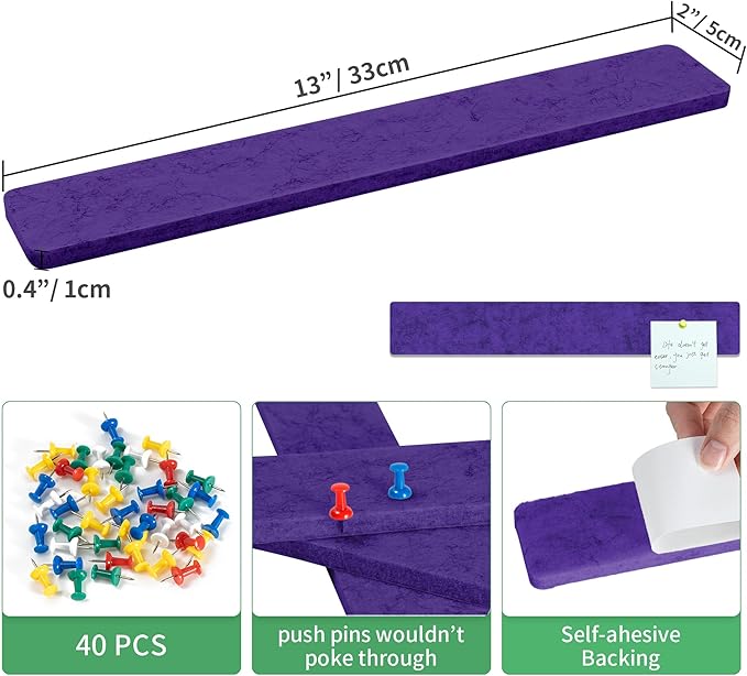 Cork Board for Walls - 8 Pack Felt Pin Board Bar Strips - Self-Adhesive Lightweight Bulletin Board - Cork Board for Office with 40 Push Pins No Damage for Wall (Violet)