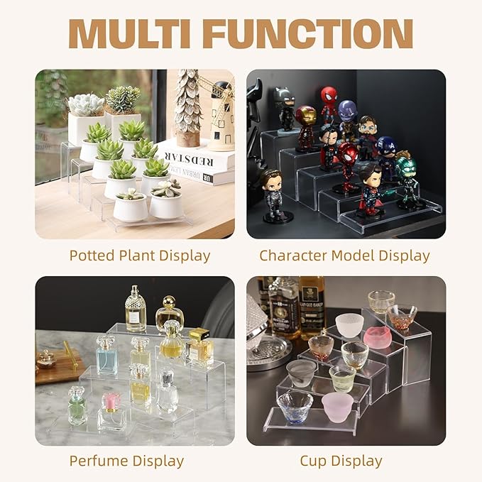 Goabroa 2 Sets 10 Pcs Clear Display Risers, Rectangular (7"-8"-9" L) Risers Display Stands, Table Stands for Jewelry, Cupcake, Perfume, Figures