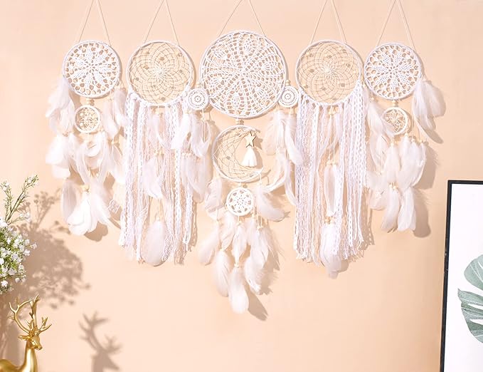 Dream Catchers Boho Wall Decor - Handmade Moon and Sun Feather Dreamcatcher Set, Traditional Native American Wall Hanging for Kids Bedroom, Adult Living Room, Home Bohemian Decor (White, 5 pcs)
