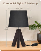 Tripod Table Lamp, 14.6" Small Bedside Lamp, Modern Nightstand Lamp with Black Shade & Dark Walnut Base, Black Table Lamp for Bedroom, Kids Room, Living Room, Study, E26 Socket, VB51TL05