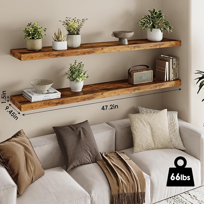 Fixwal Wood Floating Shelves for Wall, 47.2" Long Heavy Duty Wall Mounted Shelves for Living Room, Bedroom, Bathroom and Kitchen, Wall Shelves for Storage, Books, Room Decor (Rustic Brown, Set of 2)