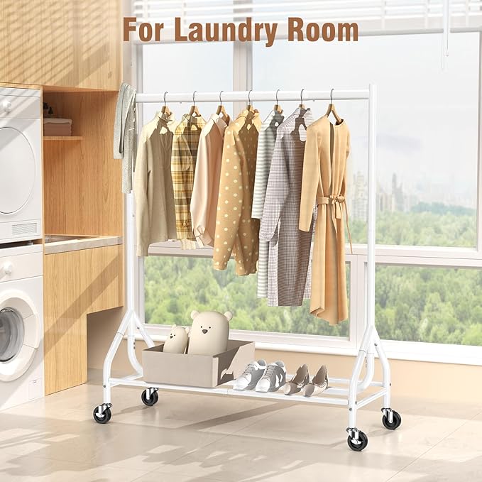 EAGMAK Heavy Duty Clothes Rack Load 420 LBS, 47.2" Long Rolling Garment Rack with Lockable Wheels, Standing Metal Clothing Hanger, Portable Wardrobe Sturdy Coat Organizer for Hanging Clothes (White)
