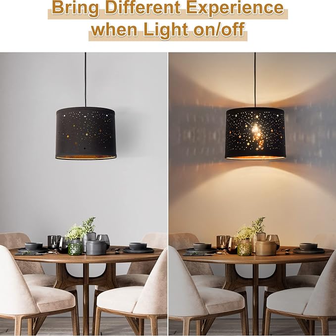 Black Lampshades Set of 2, Drum Lamp Shades with Sky Stars Design, 11.6" x 12.6" x 9.8" Inches Medium Lampshades for Table Lamp, Floor Lamp, Pendant Light, Harp Holders Included, Easy Assembly