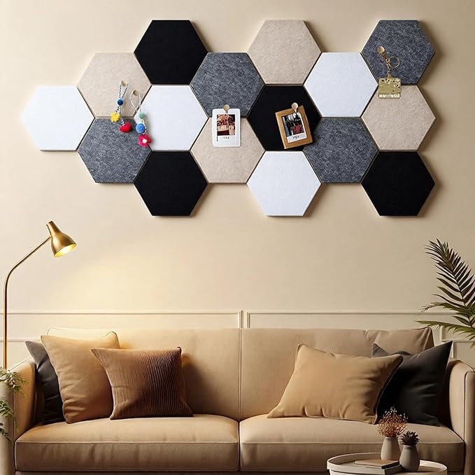 Mindsoft 16 Pcs Hexagon Cork Board for Walls with 50 Wooden Push Pins 12x10 in Felt DIY Tiles Notice with Nano Tape Hanging Bulletin Board for Home Photo Office Memo Note(Classic)