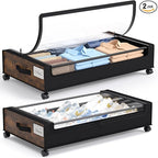 Yecaye Under Bed Storage with Wheels, 2Pack Under Bed Storage Containers, Underbed Shoe Storage Organizer, Rolling Under Bed Metal Drawers for Clothes, Blankets, Brown