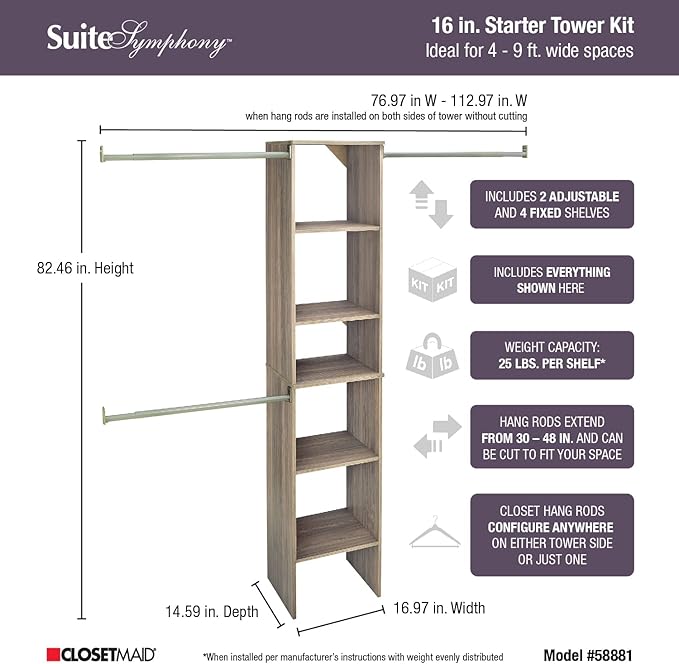 ClosetMaid SuiteSymphony Wood Closet Organizer Starter Kit with Tower and 3 Hang Rods, Shelves, Adjustable, Fits Spaces 4 – 9 ft. Wide, Natural Gray