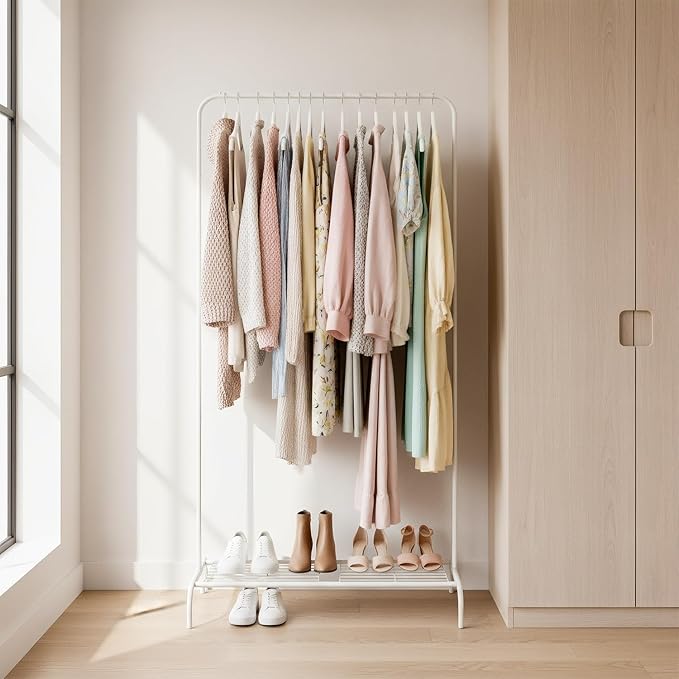 White Clothing Rack, Modern 45" Height Garment Rack for Small Spaces, Stable Standing Clothes Organizer with Bottom Shelf, Portable Rack for Dorm, Apartment & Studio, 92LBS Max Capacity
