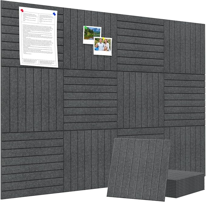 Large Cork Board Alternative 48” X 36” Felt Bulletin Board Tiles, with 30 Pushpins, 60 Adhesive Tabs,12-Pack Slat Wall Paneling, Cork Boards for Office Push Pin Board Felt Board - Dark Gray