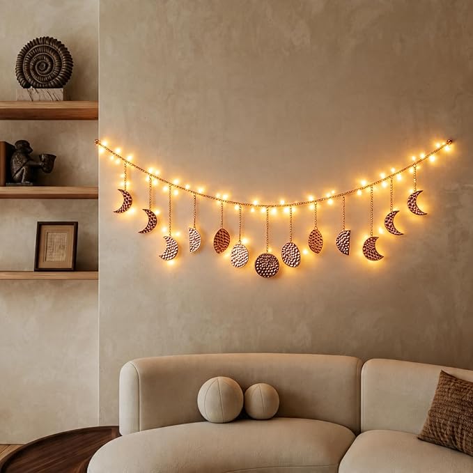opulinea Boho Moon Phase Wall Hanging, Rose Gold Hammered Metal LED Celestial Garland for Bedroom Witchy Home Christmas Decor