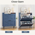 32" W Farmhouse Shoe Storage Cabinet with 2 Flip Drawers and Barn Door Design, Adjustable Shelves, Modern Hidden Slim Narrow Shoe Rack Cabinet for Entryway, Foyer, Hallway, Living Room, Blue