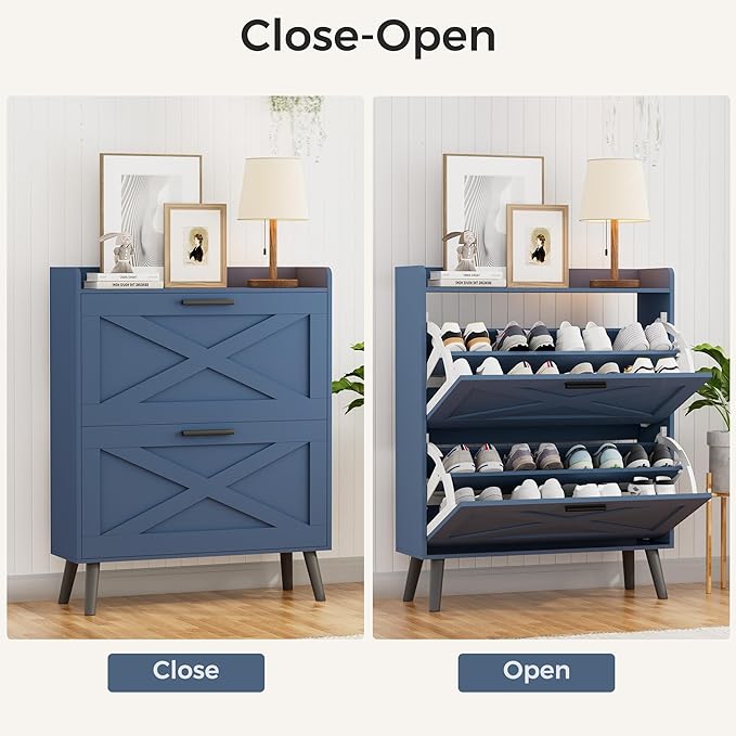 32" W Farmhouse Shoe Storage Cabinet with 2 Flip Drawers and Barn Door Design, Adjustable Shelves, Modern Hidden Slim Narrow Shoe Rack Cabinet for Entryway, Foyer, Hallway, Living Room, Blue
