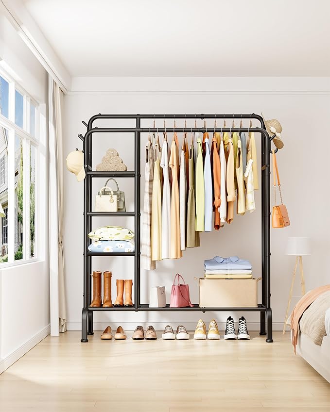 Clothes Rack - Double-Rod Clothing Rack with Built-In Hooks & Shelves, Multi-Functional Wardrobe Closet for Bedroom, Living Room, Entryway, 41.3" x 15.3" x 59.8", Black