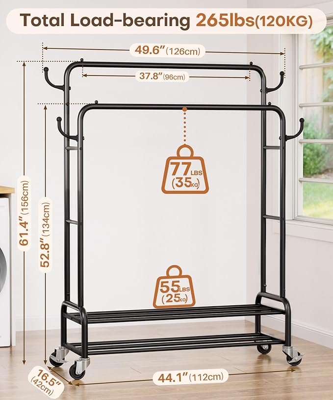 Homde Heavy Duty Clothes Rack: 265lb Rolling Double Rod Garment Hanging - Metal Coat Organizer Storage Display Shelf on Wheels for Bedroom Laundry