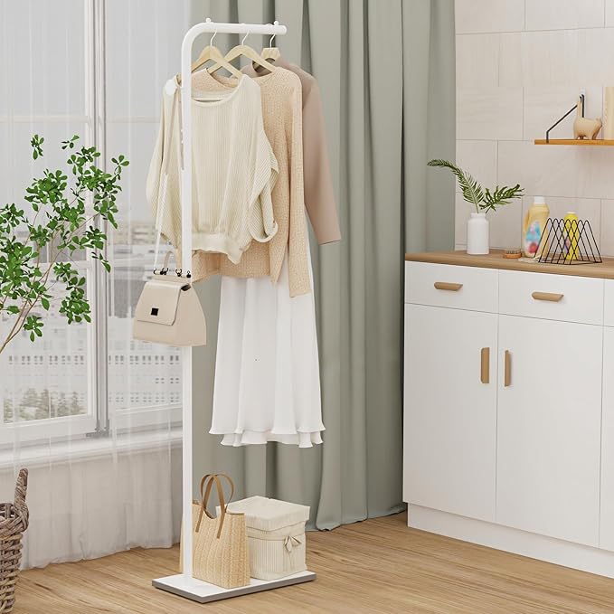 OUTBROS Metal Coat Rack, Coat Tree with Rock Base,L Shaped Freestanding Hall Tree, Clothes Hanger Stand Suitable for Bedroom, Hallway, Entrance, 15.3 x 10.2 x 70.8 inch, White