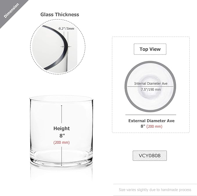 WGV Cylinder Vase, Width 8", Height 8", Clear Wide Large Diameter Flower Glassware, Floral Container, Planter Terrarium for Wedding Party Event, Home Accent Decor, 1 Piece